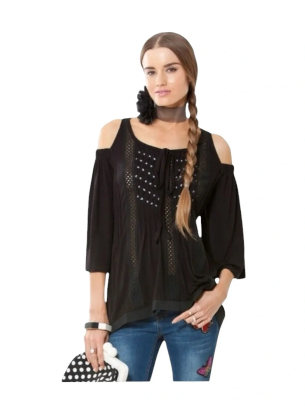 new Hale Bob ༄ Shaina Silk Crochet Cotton Voile Cold Shoulder Top ༄ Black XS - Picture 2 of 16